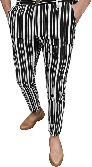 2023 Men's Chino Pants Skinny Fit Striped Flat-Front Trousers Stretch Slim Stylish Casual Business Dress Pants Suit Pant