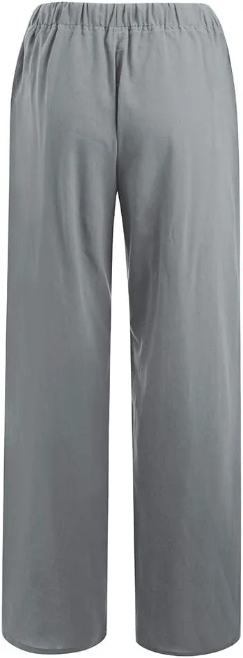 2024 Women Summer Linen Cotton Pants Straight Wide Leg Casual Pants Drawstring Elastic Waist Solid Color Palazzo Trousers