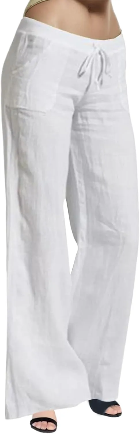 2024 Women Summer Linen Cotton Pants Straight Wide Leg Casual Pants Drawstring Elastic Waist Solid Color Palazzo Trousers