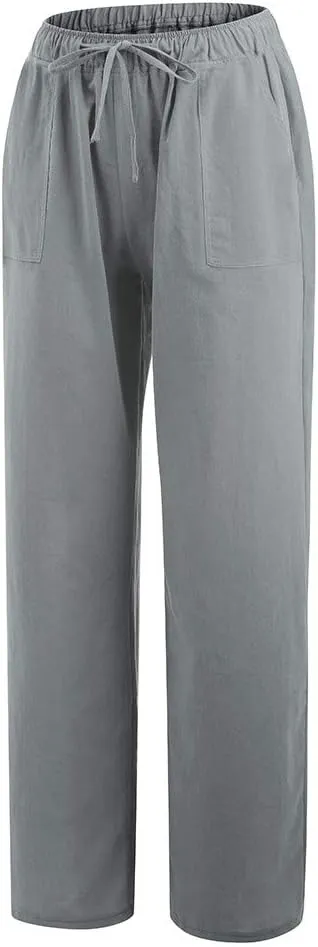 2024 Women Summer Linen Cotton Pants Straight Wide Leg Casual Pants Drawstring Elastic Waist Solid Color Palazzo Trousers