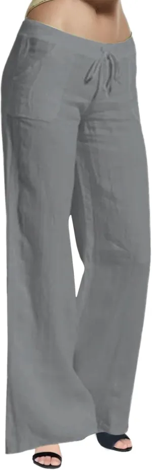 2024 Women Summer Linen Cotton Pants Straight Wide Leg Casual Pants Drawstring Elastic Waist Solid Color Palazzo Trousers