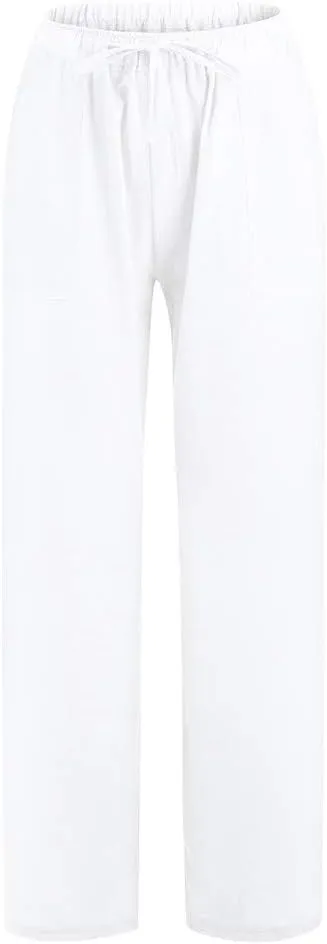 2024 Women Summer Linen Cotton Pants Straight Wide Leg Casual Pants Drawstring Elastic Waist Solid Color Palazzo Trousers