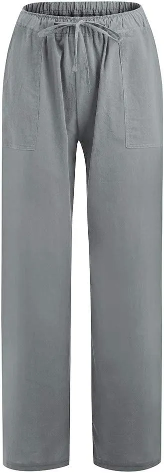 2024 Women Summer Linen Cotton Pants Straight Wide Leg Casual Pants Drawstring Elastic Waist Solid Color Palazzo Trousers
