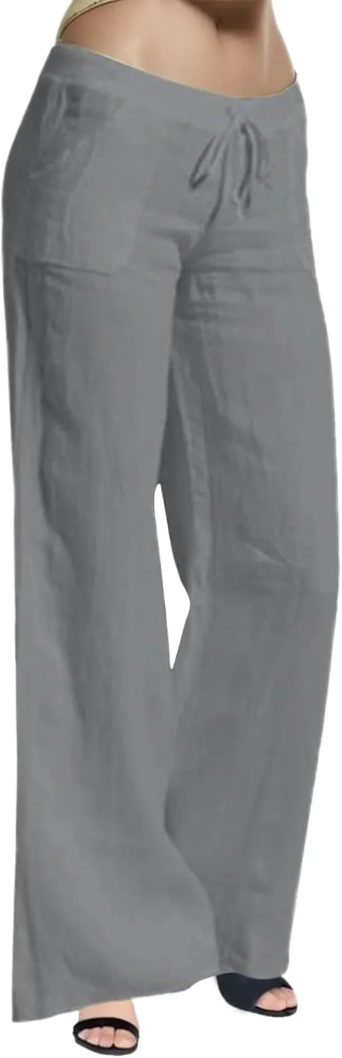 2024 Women Summer Linen Cotton Pants Straight Wide Leg Casual Pants Drawstring Elastic Waist Solid Color Palazzo Trousers