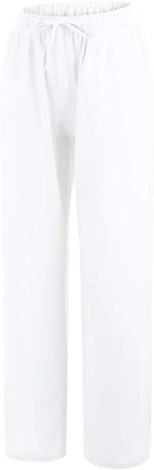 2024 Women Summer Linen Cotton Pants Straight Wide Leg Casual Pants Drawstring Elastic Waist Solid Color Palazzo Trousers