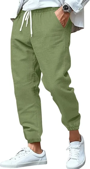 2025 Men's Cotton and Linen Solid Color Pants Drawstring Breathable Slim Fit Pants