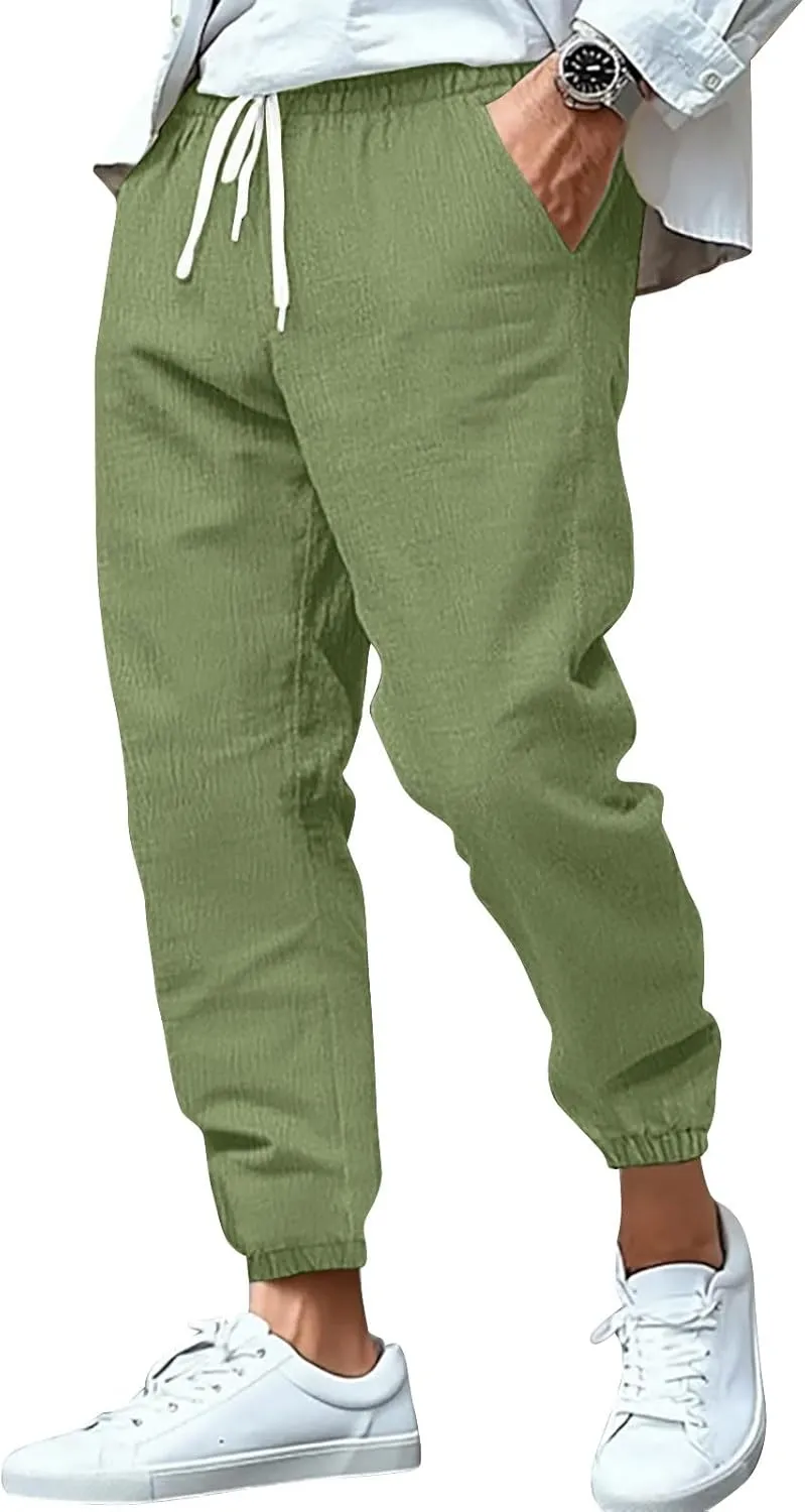 2025 Men's Cotton and Linen Solid Color Pants Drawstring Breathable Slim Fit Pants