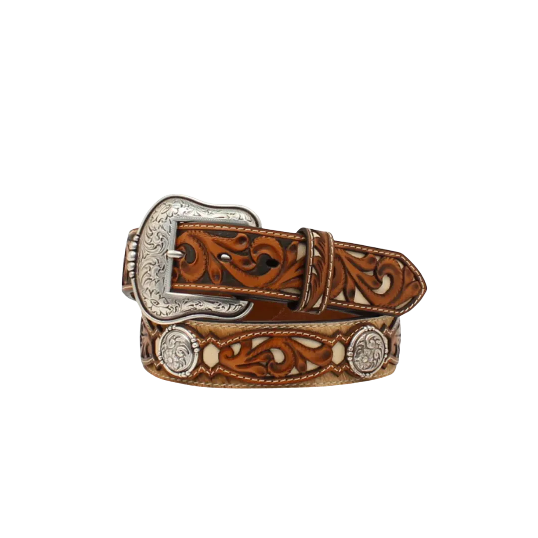 Ariat Men's 1 1/2 Hair On Tooled Tab Concho Brown Belt