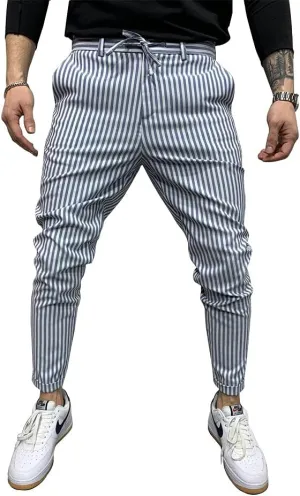 Banana Bucket Mens Striped Casual Chinos Slim Fit Skinny Tapered Zipper Pants with Pocket and Drawstring