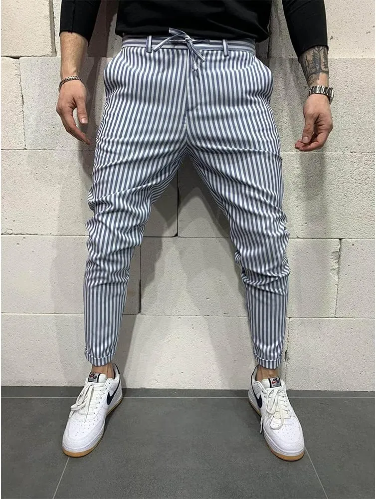 Banana Bucket Mens Striped Casual Chinos Slim Fit Skinny Tapered Zipper Pants with Pocket and Drawstring