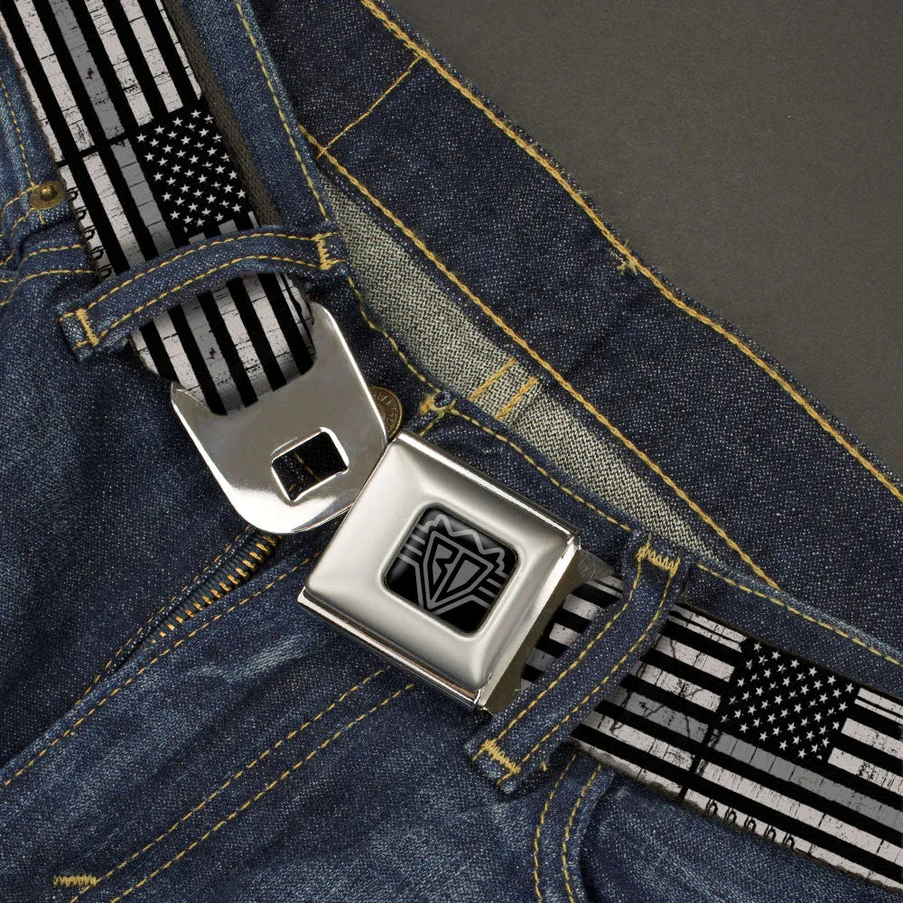 BD Wings Logo CLOSE-UP Black/Silver Seatbelt Belt - Thin Gray Line Flag Weathered Black/Grays Webbing