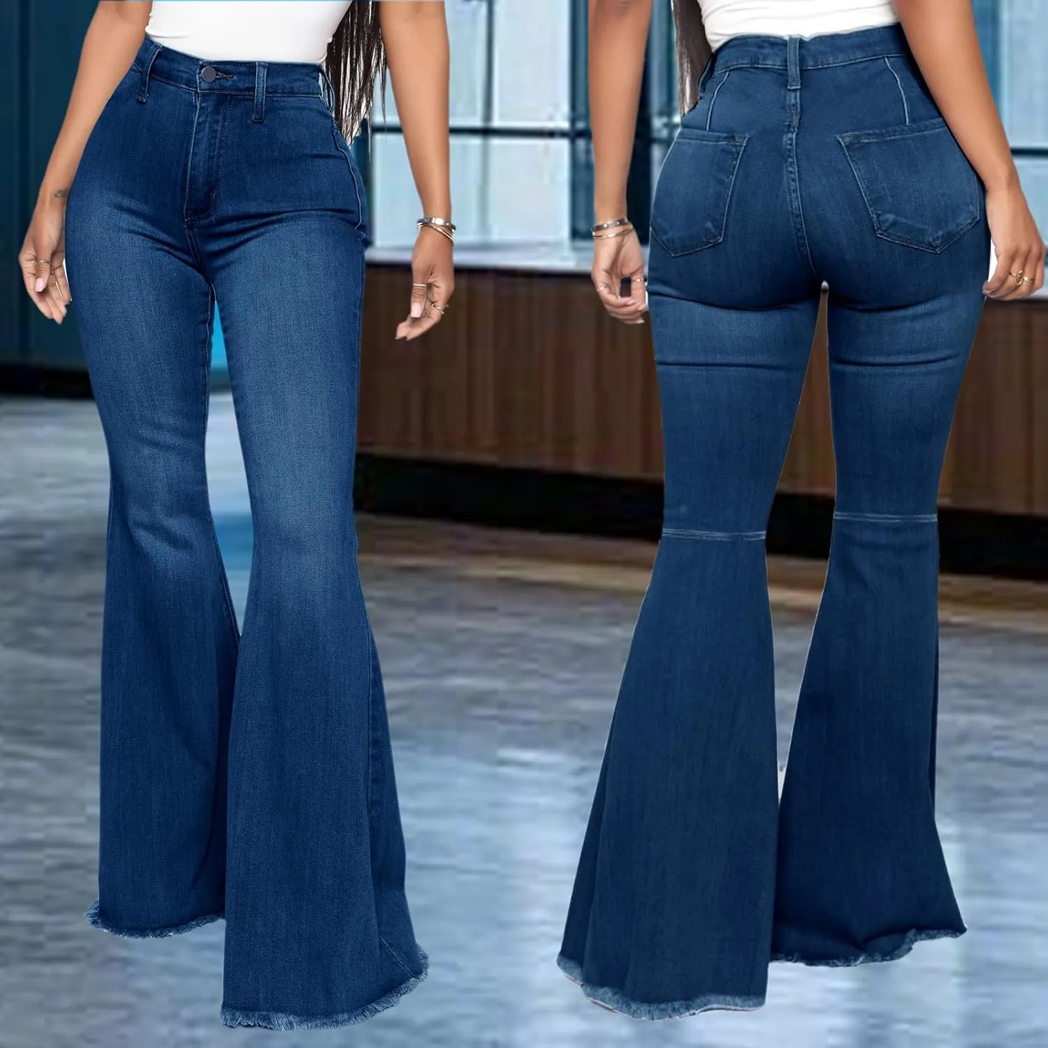 Bell Bottom Jeans for Women Skinny Flared Jeans Elastic High Waisted Vintage 70s Classic Stretchy Wide Leg Denim Pants