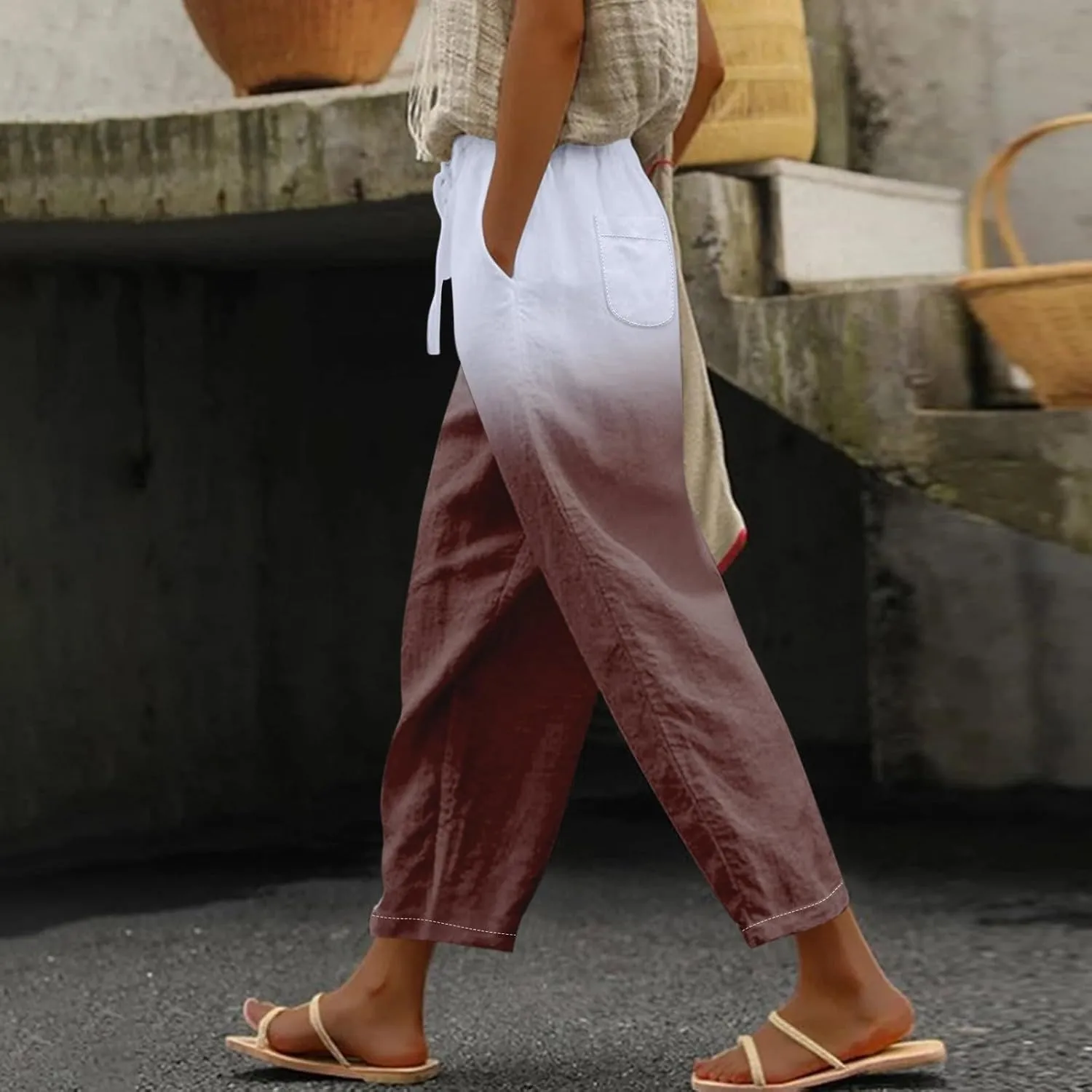 Black Leggings Women Color Cotton Linen Elastic Seven Pants Beach Casual Pants Loose Cotton Linen Palazzo