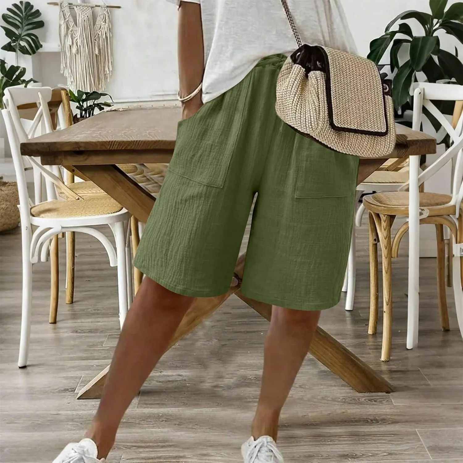 Capri Pants for Women Casual Summer Drawstring Elastic Waist Linen Pant Straight Wide Leg Pocket Cropped Trouser