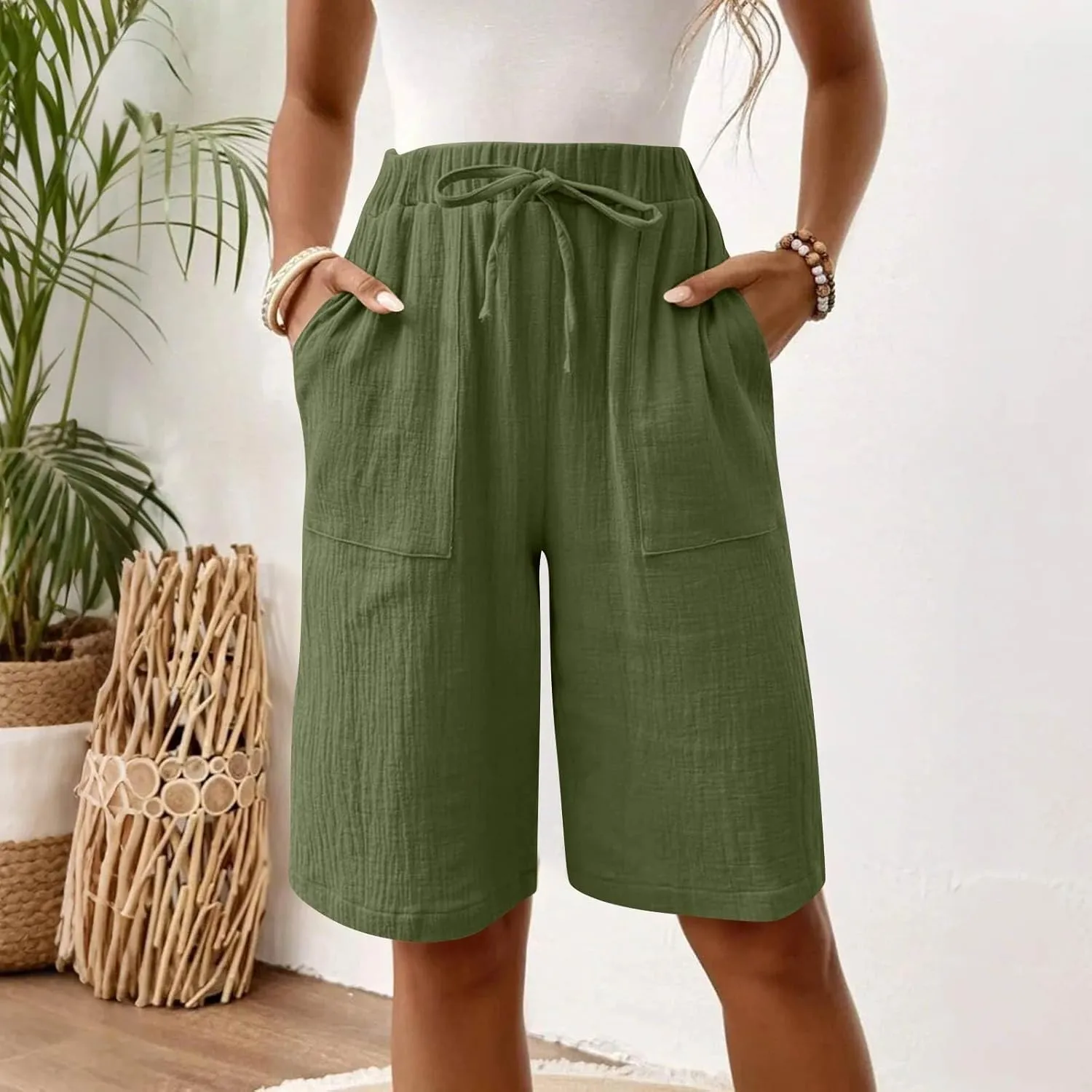 Capri Pants for Women Casual Summer Drawstring Elastic Waist Linen Pant Straight Wide Leg Pocket Cropped Trouser