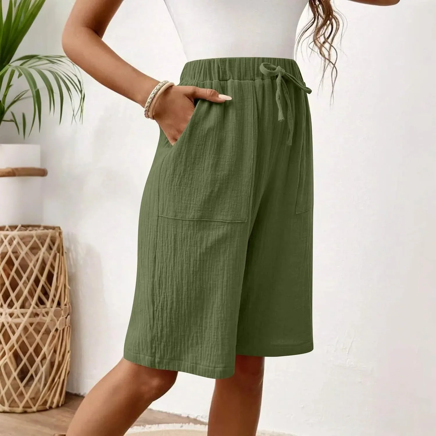 Capri Pants for Women Casual Summer Drawstring Elastic Waist Linen Pant Straight Wide Leg Pocket Cropped Trouser