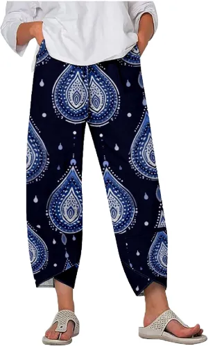 Capri Pants for Women Casual Summer Printed Cropped Linen Blend Dressy Baggy Trousers with Pockets Lounge Pants