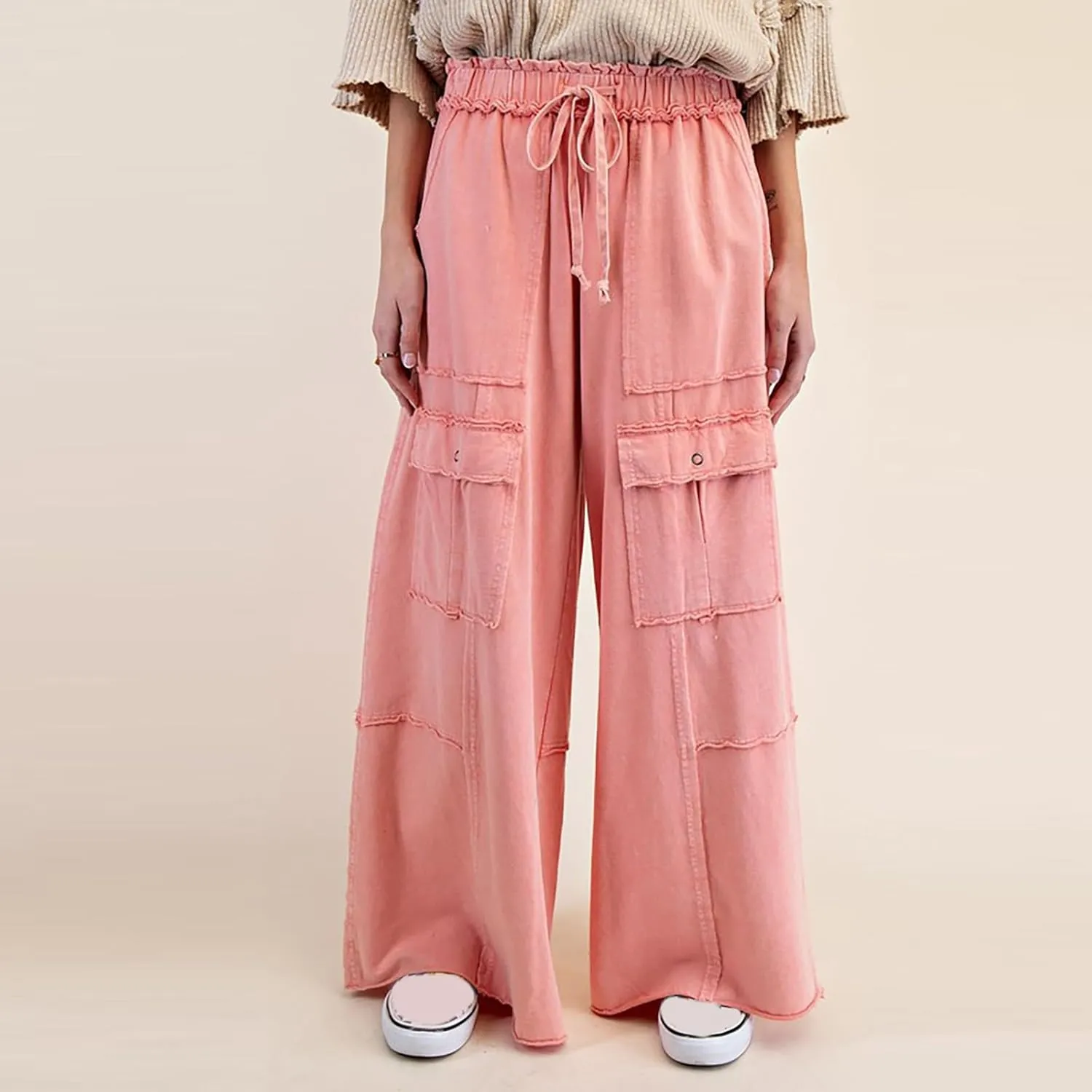 Cargo Jeans for Women Casual Baggy High Waisted Drawstring Wide Leg Jeans Lightweight Flowy Y2K Palazzo Pants with Pockets
