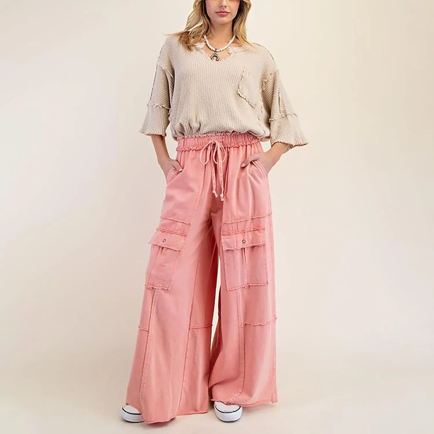 Cargo Jeans for Women Casual Baggy High Waisted Drawstring Wide Leg Jeans Lightweight Flowy Y2K Palazzo Pants with Pockets