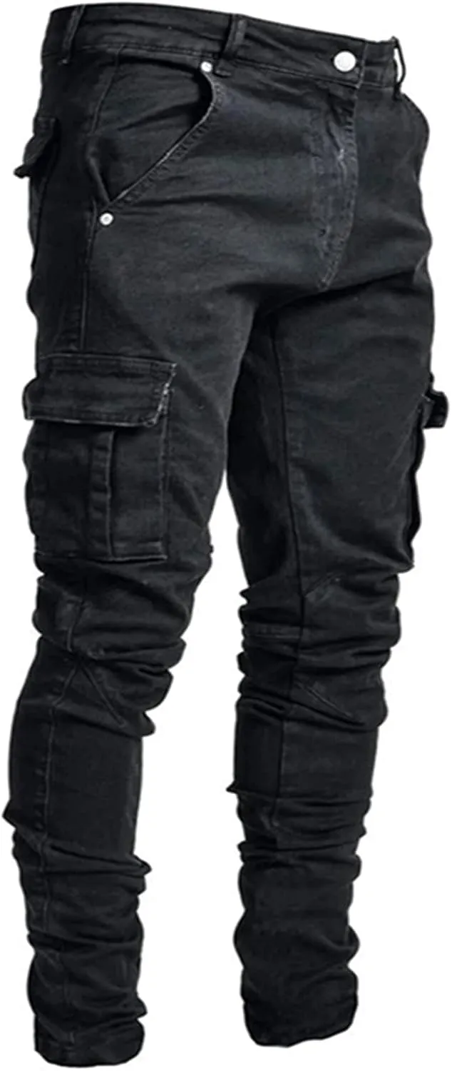 Cargo Jeans Men's Slim Fit Stretch Skinny Denim Pencil Pants Motorcycle Ripped Tapered Cargo Pockets Work Pants Jeans