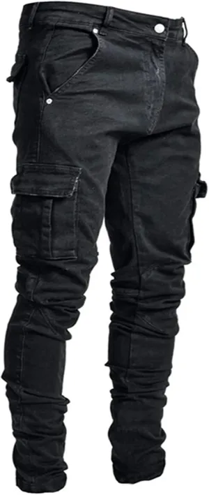 Cargo Jeans Men's Slim Fit Stretch Skinny Denim Pencil Pants Motorcycle Ripped Tapered Cargo Pockets Work Pants Jeans