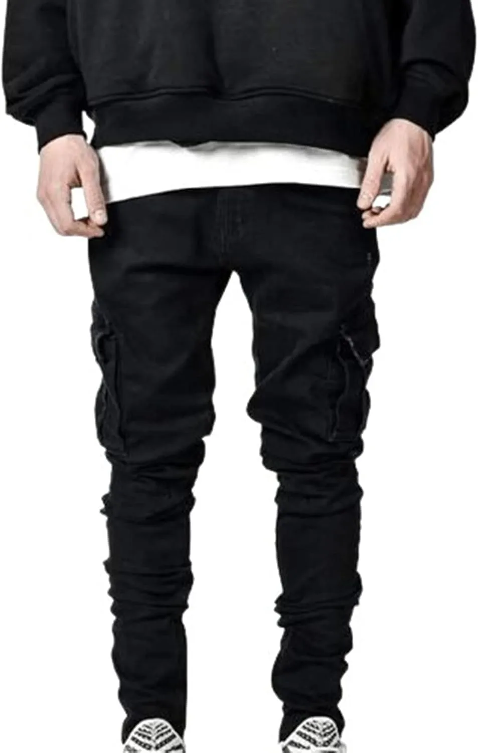 Cargo Jeans Men's Slim Fit Stretch Skinny Denim Pencil Pants Motorcycle Ripped Tapered Cargo Pockets Work Pants Jeans