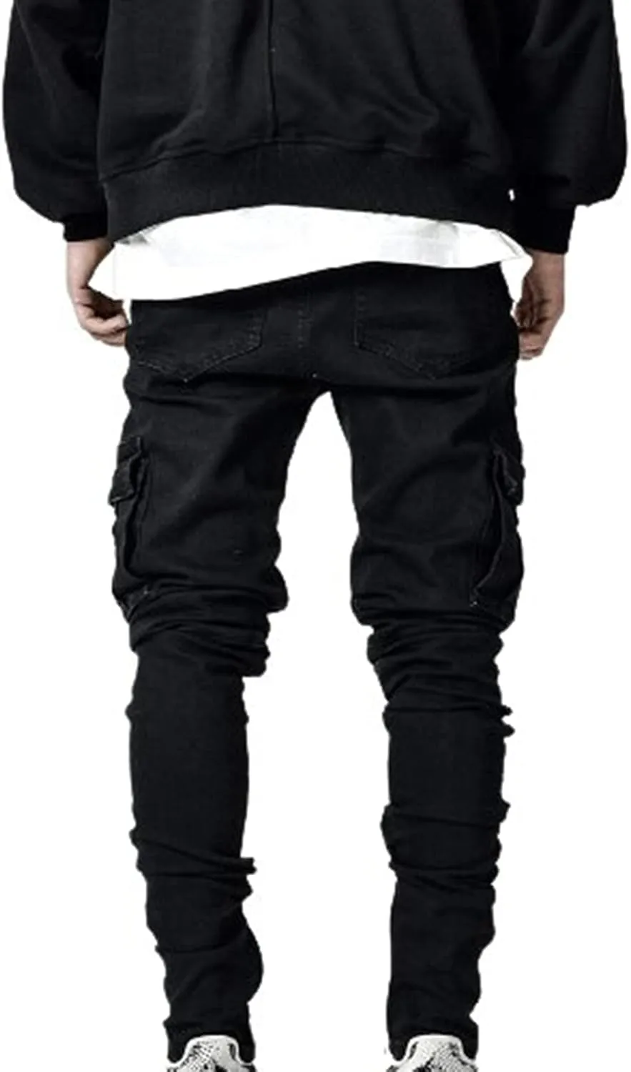 Cargo Jeans Men's Slim Fit Stretch Skinny Denim Pencil Pants Motorcycle Ripped Tapered Cargo Pockets Work Pants Jeans