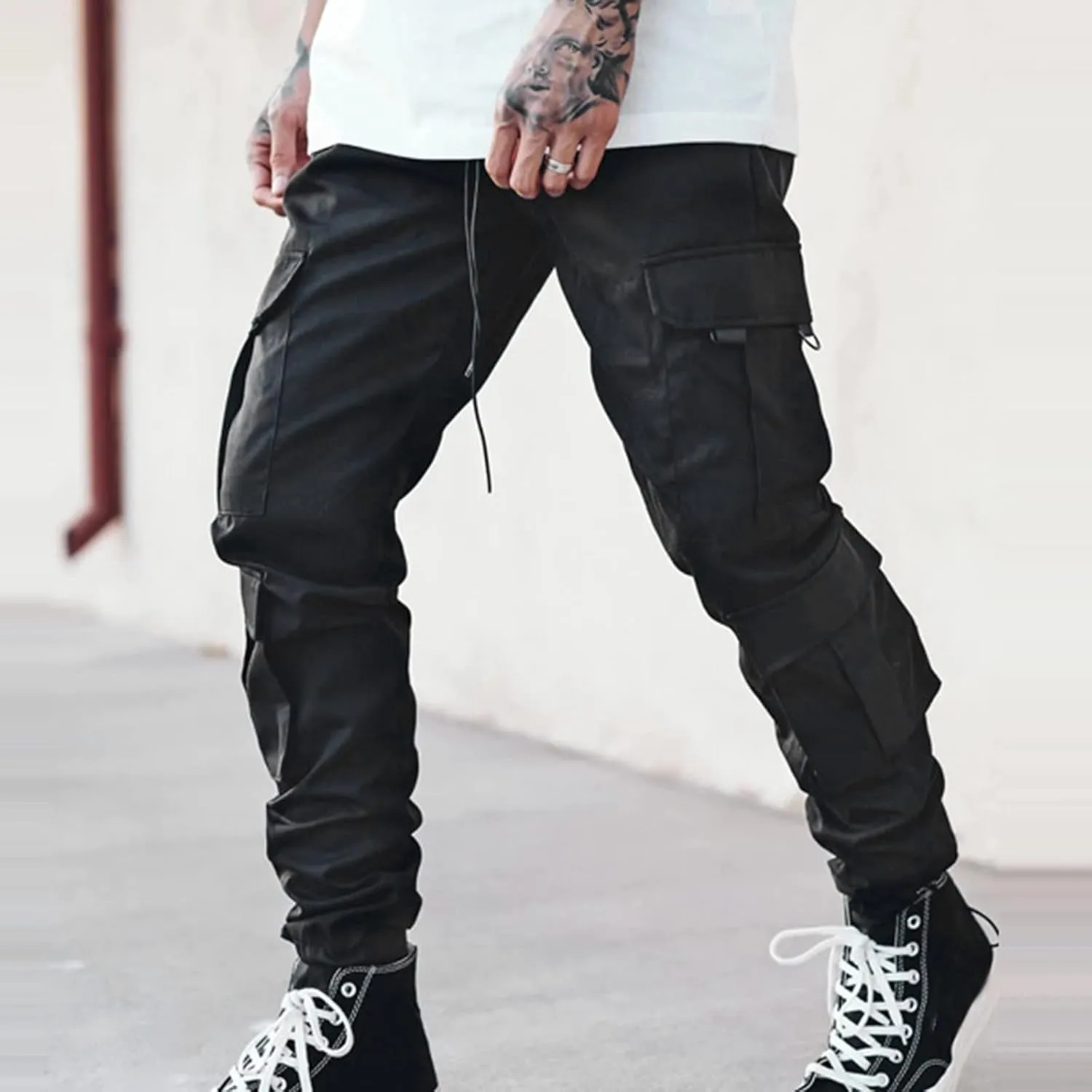 Cargo Trousers for Men Heavyweight Fleece Cargo Sweatpants Elastic Waist Joggers Baggy Drawstring Sweat Pants with