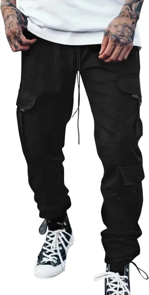 Cargo Trousers for Men Heavyweight Fleece Cargo Sweatpants Elastic Waist Joggers Baggy Drawstring Sweat Pants with
