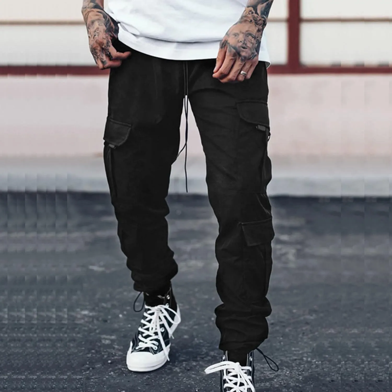 Cargo Trousers for Men Heavyweight Fleece Cargo Sweatpants Elastic Waist Joggers Baggy Drawstring Sweat Pants with