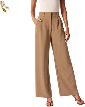 Casual Business High Waist Suit Pants,Women's Straight Dress Trousers with Pockets,Long Loose Wide Work Office Pants