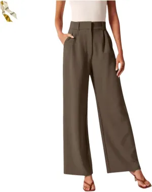 Casual Business High Waist Suit Pants,Women's Straight Dress Trousers with Pockets,Long Loose Wide Work Office Pants