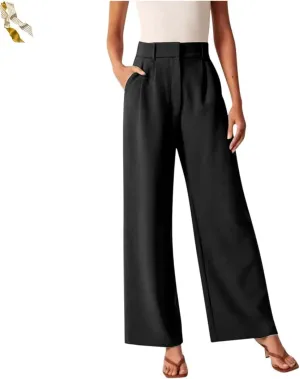 Casual Business High Waist Suit Pants,Women's Straight Dress Trousers with Pockets,Long Loose Wide Work Office Pants