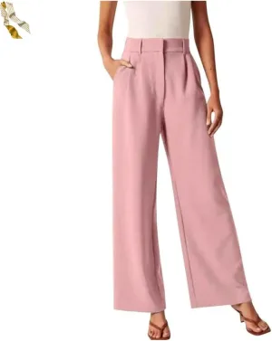 Casual Business High Waist Suit Pants,Women's Straight Dress Trousers with Pockets,Long Loose Wide Work Office Pants