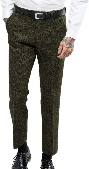 Ceehuteey Men's Retro Dress Suit Pants Thick Wool Flat Front Herringbone Tweed Trousers