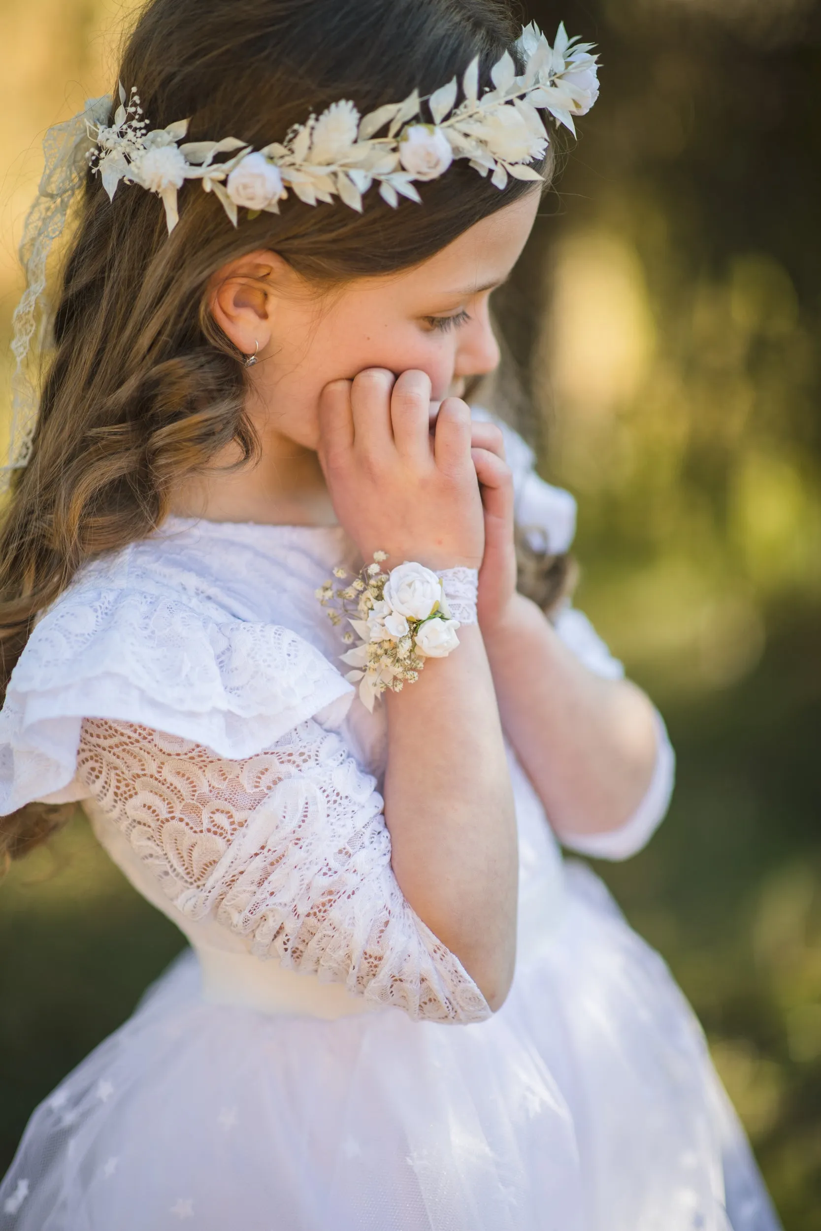 Communion flower wreath with white peonies