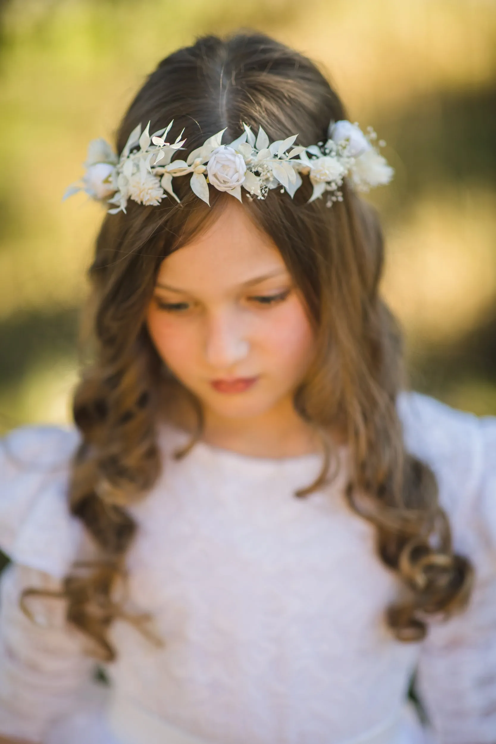 Communion flower wreath with white peonies