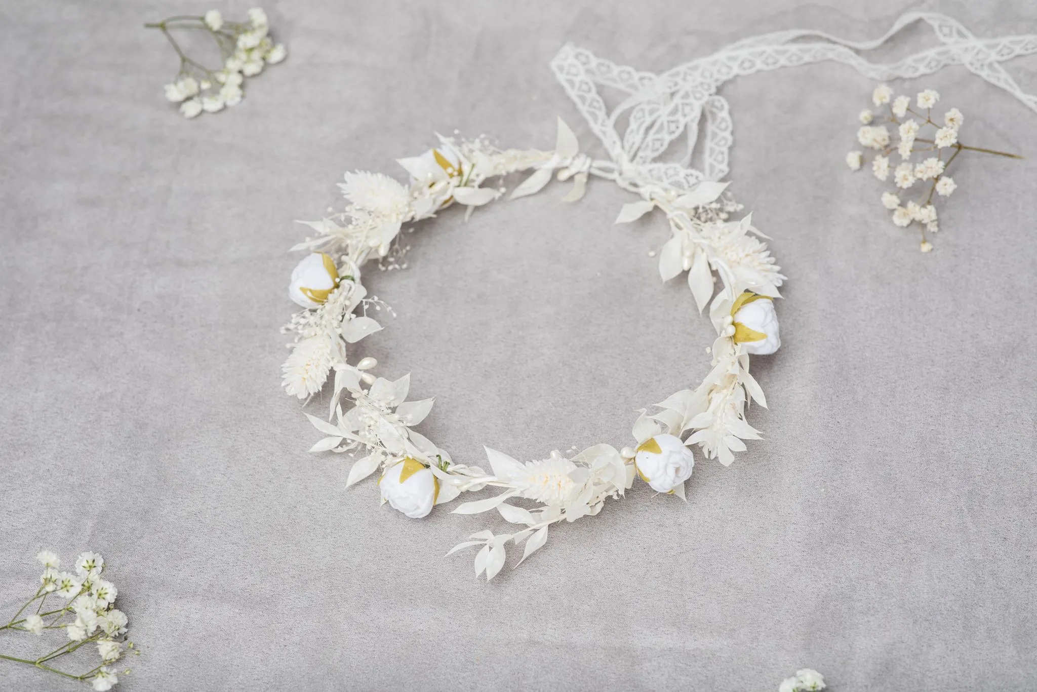Communion flower wreath with white peonies