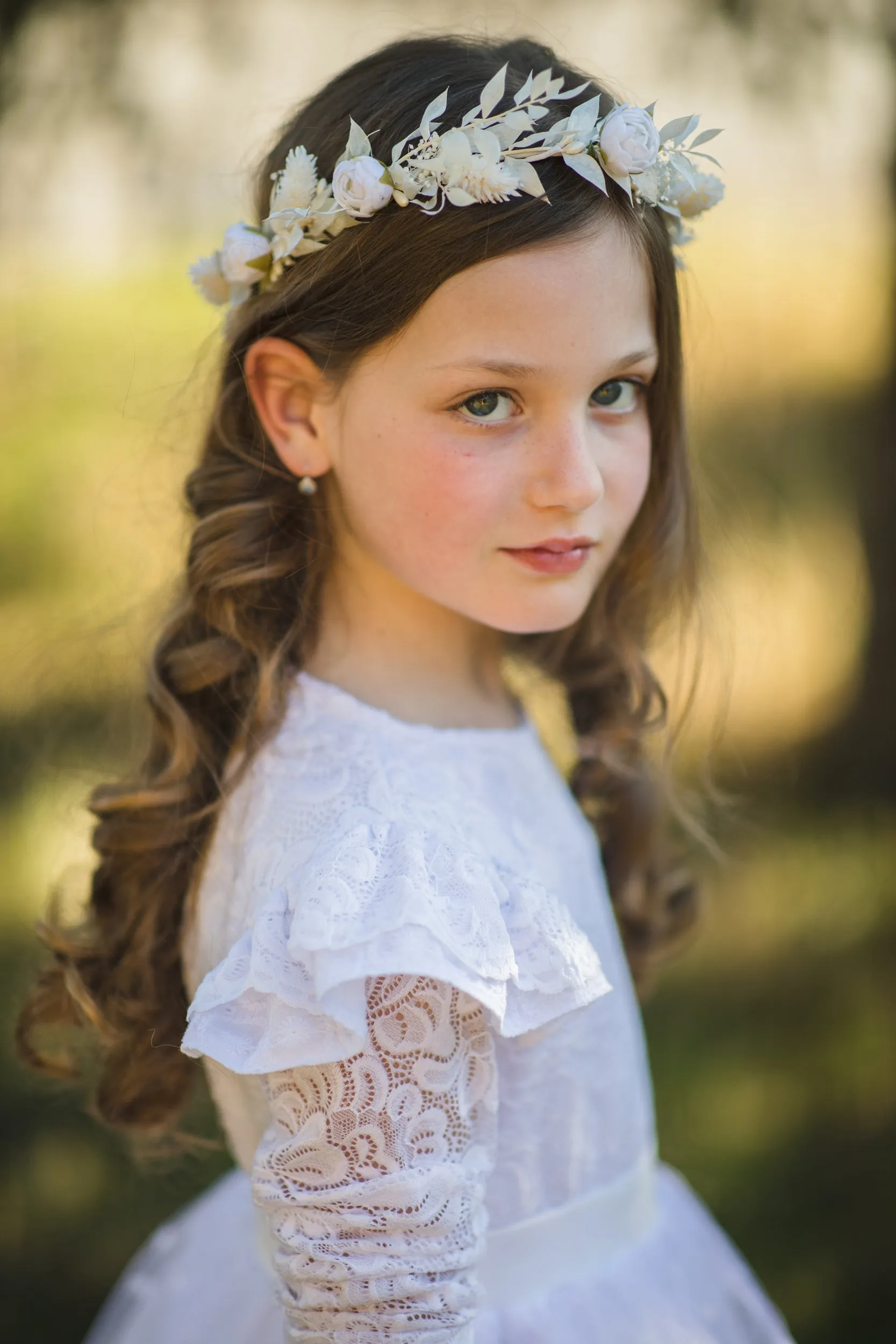 Communion flower wreath with white peonies