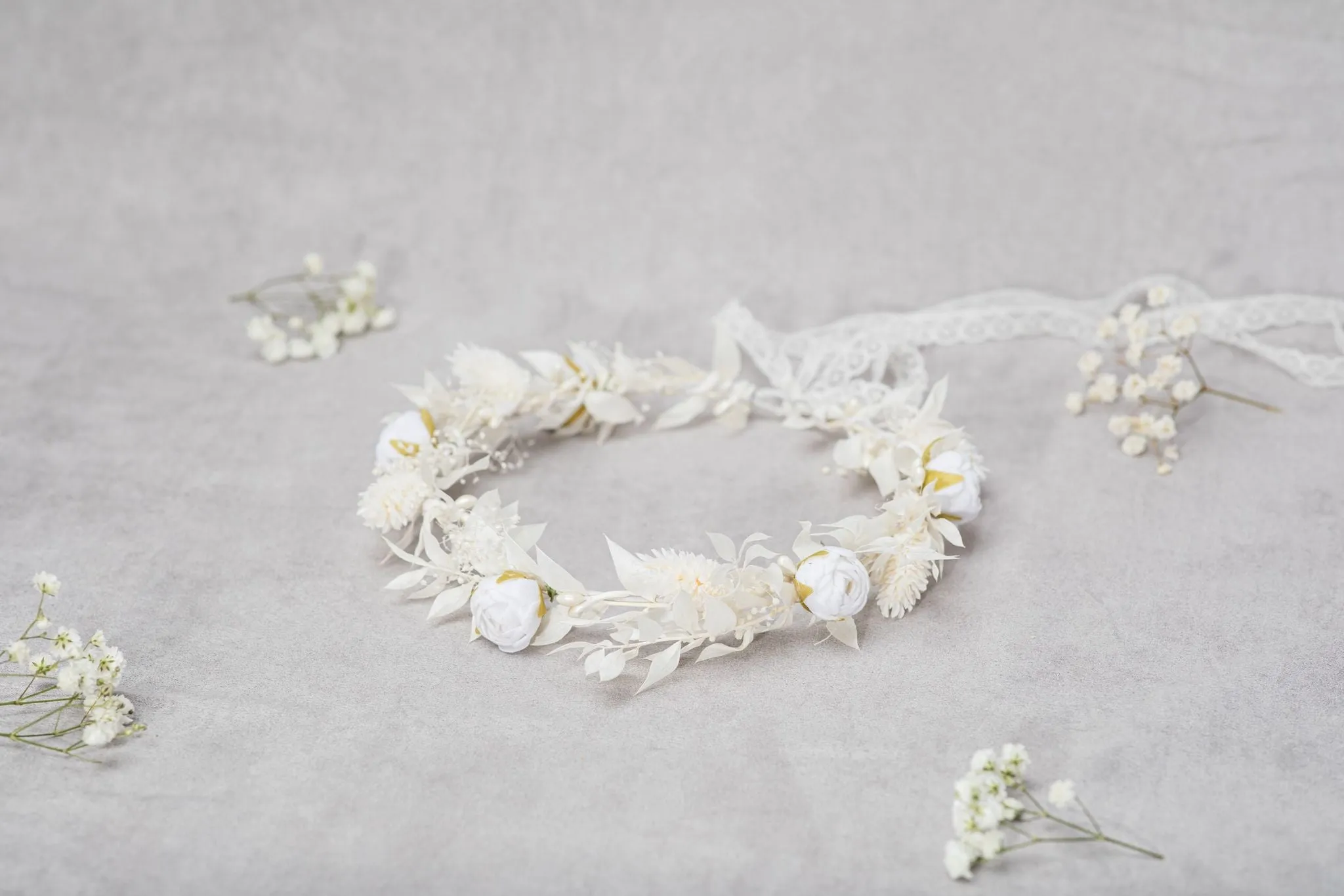 Communion flower wreath with white peonies