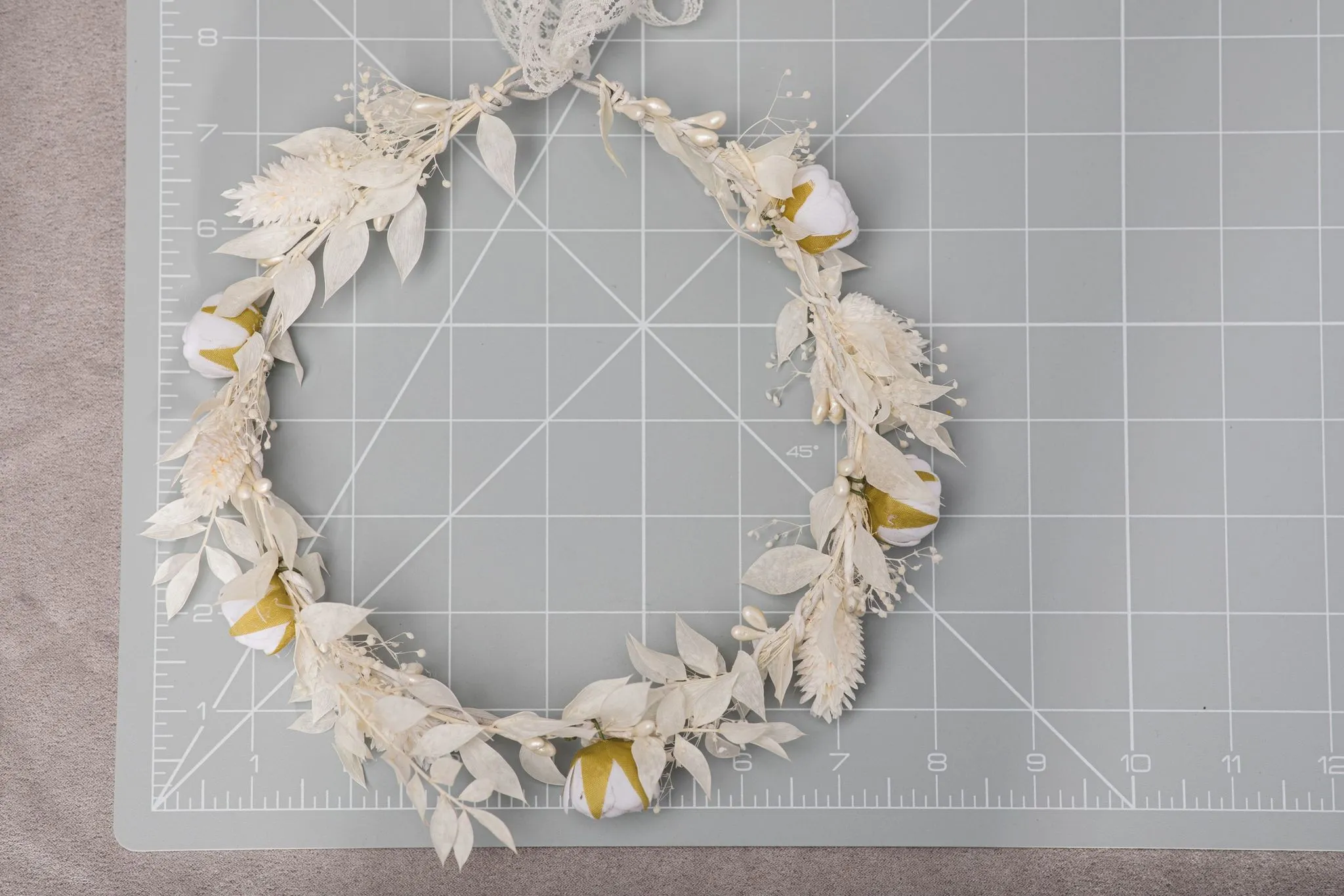 Communion flower wreath with white peonies