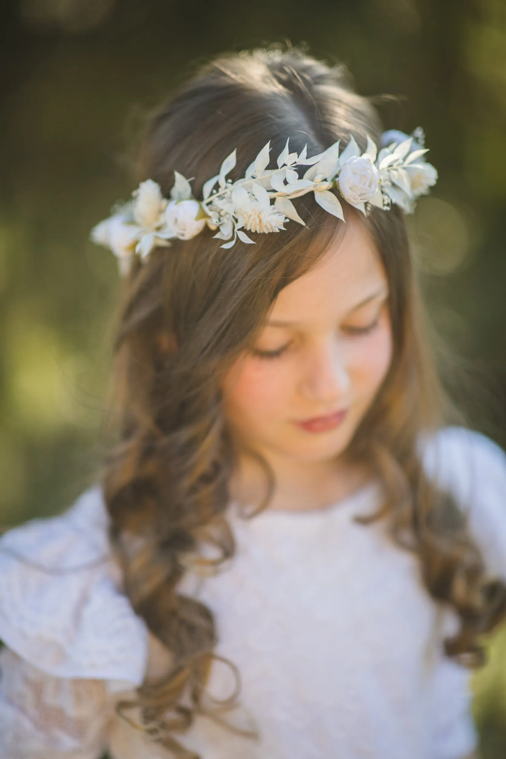 Communion flower wreath with white peonies