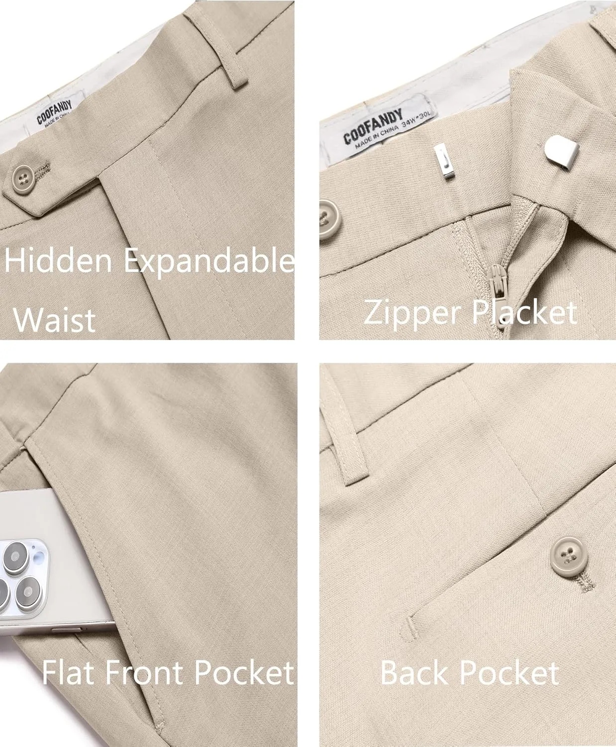 COOFANDY Mens Classic Casual Dress Pants Expandable Waist Suit Pant Slim Fit Flat Front Slacks