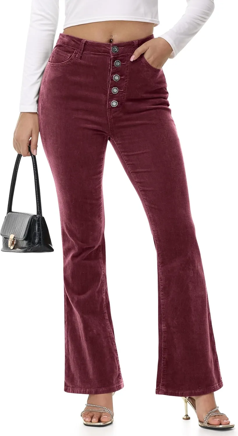 Corduroy High Waist Flare Pants - Women's Trendy Baggy Bell Bottom Wide Leg Trousers