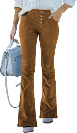 Corduroy High Waist Flare Pants - Women's Trendy Baggy Bell Bottom Wide Leg Trousers
