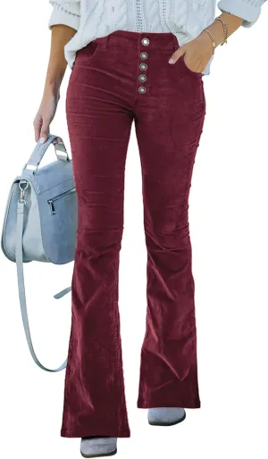 Corduroy High Waist Flare Pants - Women's Trendy Baggy Bell Bottom Wide Leg Trousers