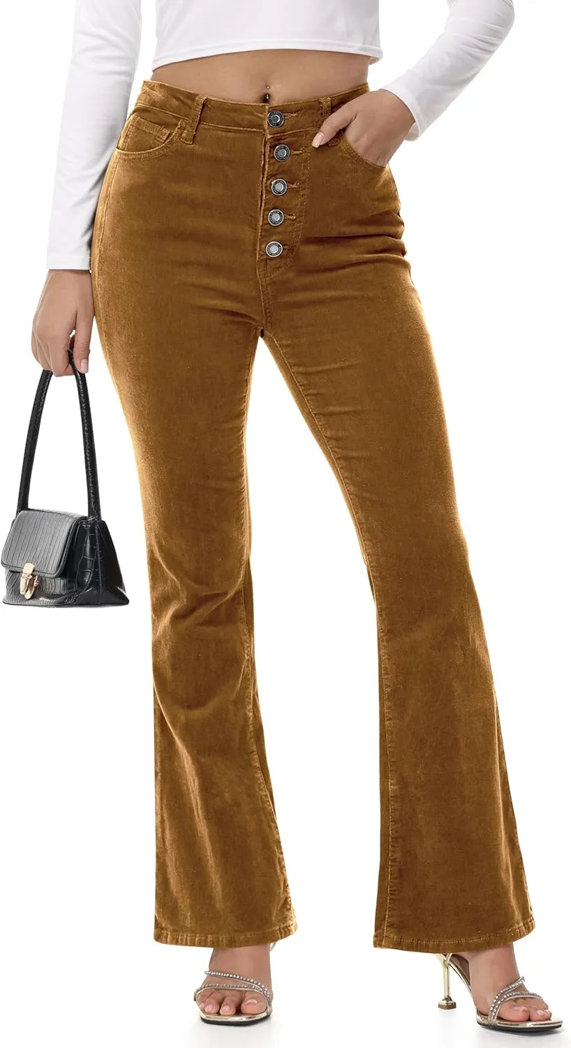 Corduroy High Waist Flare Pants - Women's Trendy Baggy Bell Bottom Wide Leg Trousers