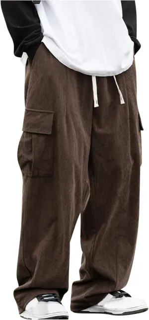 Corduroy Pants for Men Vintage Loose Straight Leg Trousers Drawstring Waist Baggy Casual Cargo Pant with Pockets