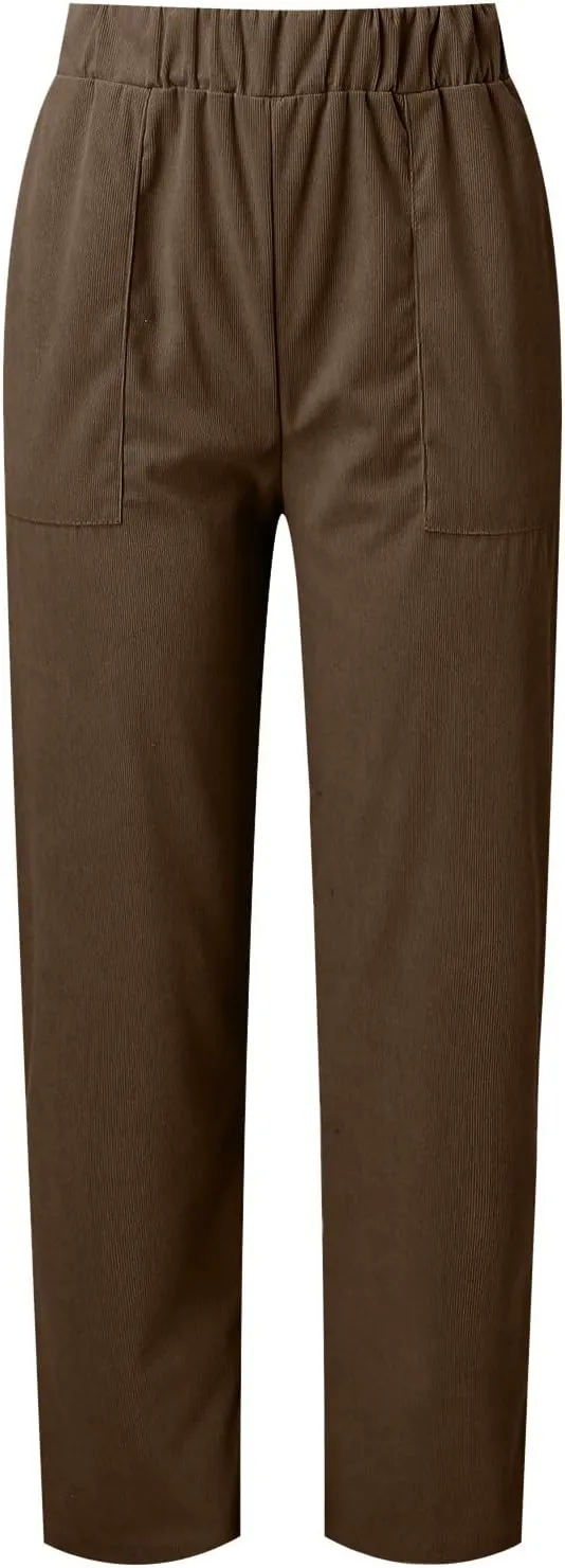 Corduroy Pants Women Fall Elastic High Waist Straight Wide Leg Pants Fall Winter Lounge Trousers with Pockets