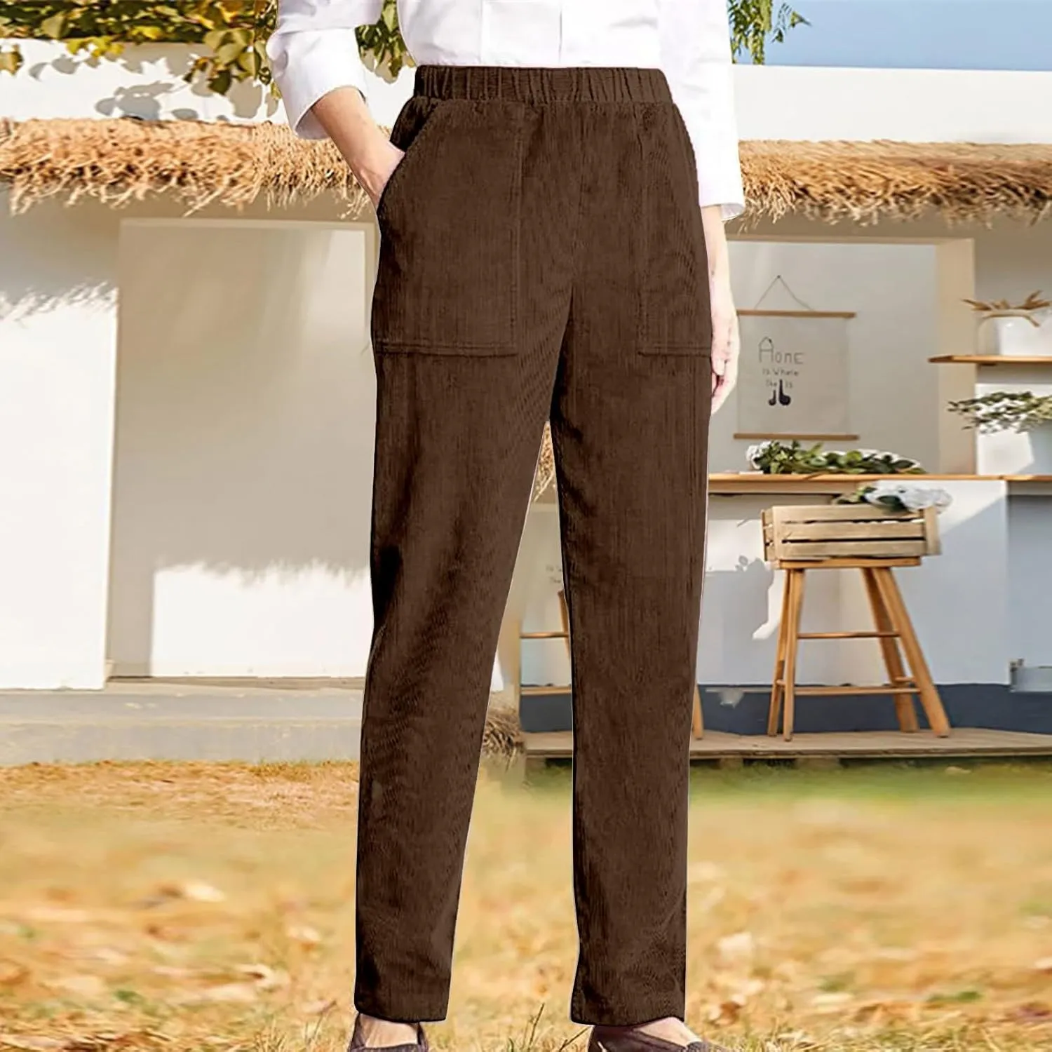Corduroy Pants Women Fall Elastic High Waist Straight Wide Leg Pants Fall Winter Lounge Trousers with Pockets